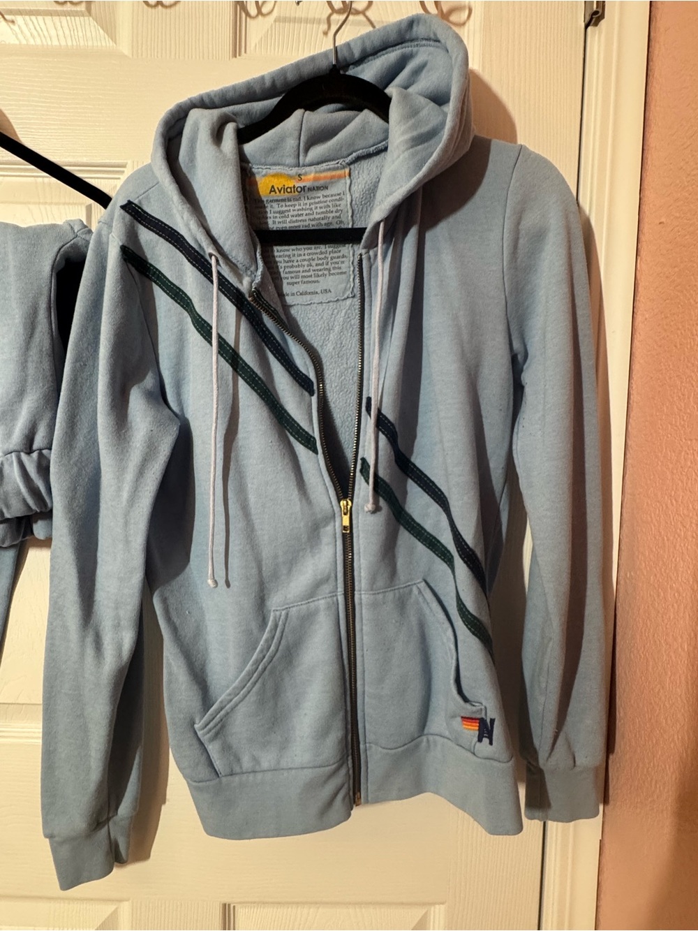 Aviator Nation Light Blue Hoodie and Track Pant SET with Navy & Forest Stripes - Picture 6 of 6
